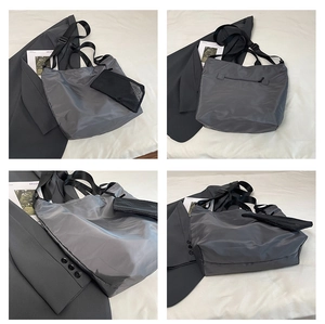 Detailed views of grey canvas tote bag featuring multiple straps and side mesh pocket