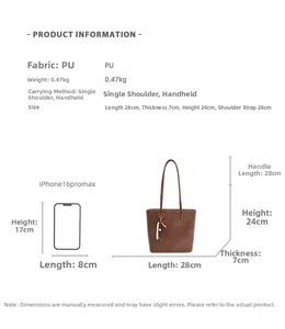 Detailed size chart for vintage brown PU leather shoulder bag with iPhone comparison