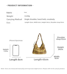 Detailed size chart showing dimensions for the vintage plaid tote bag with phone comparison
