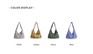 Color options of pleated plaid tote bags in khaki yellow green and blue finishes
