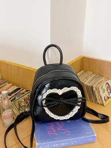 Mini Sac à Dos Femme Doux avec Dentelle Cœur et Nœud en Cuir PU Style Académique Petit Sac d'École Mode et Polyvalent