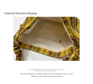 Detail view of the spacious inner compartment and zipper pocket of plaid tote bag