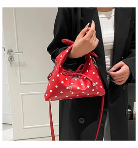 Close-up of red polka dot dumpling bag featuring a bow drawstring and metal logo plate
