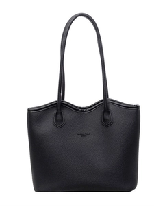 Sac fourre-tout noir avec texture de litchi, design à bords ondulés et bandoulière