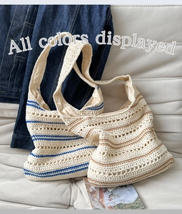 Detail of woven striped tote bags featuring hollow crochet texture and soft inner lining