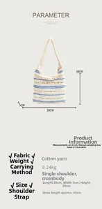 Size guide for large woven hollow-out bucket bag with cotton strap and dimensions chart