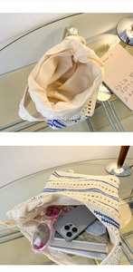Detail of the hollow woven tote bag with blue stripes and inner lining with zipper