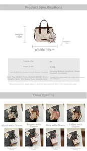 Size chart for contrast color bucket bag showing 16x19x9cm dimensions and PU material detail