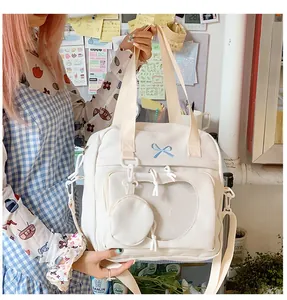 Detail of white ita bag showing heart window, blue ribbon embroidery and small round pouch