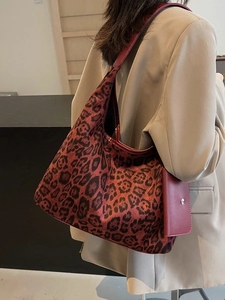 Leopard print large capacity tote bag with red leather strap and matching mini pouch