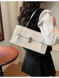 Minimalist white leather underarm shoulder bag with metal lock and pleated texture