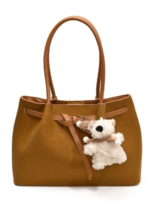 Sac cabas tissé caramel avec bandoulière et porte-clés ourson en peluche mignon