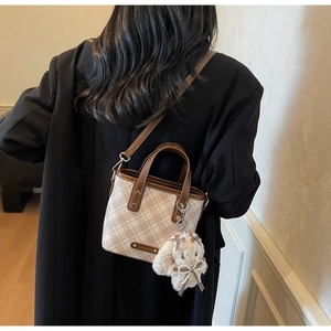 Classic check mini tote bag with brown leather trim and cute plush bunny charm detail