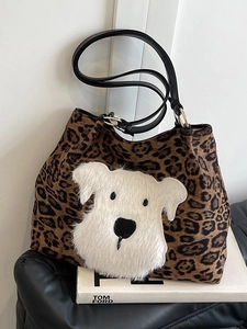Women Leopard Print Tote Bag Large Capacity Fabric Polyester Shoulder Bag With Plush Dog Patch Casual Fashion Shopping Handbag