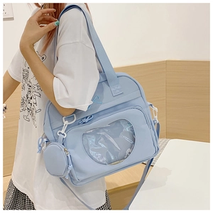 Detail of light blue clear window tote bag with matching round small coin purse charm