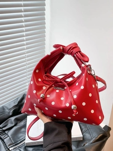 Red retro polka dot tote bag with bow drawstring and knotted handle for women