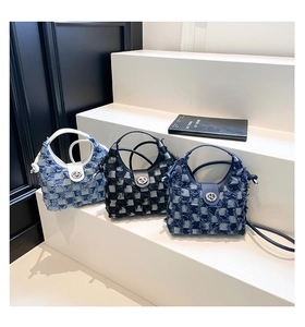Detailed comparison of denim bucket bags in light blue, dark blue and grey check patterns
