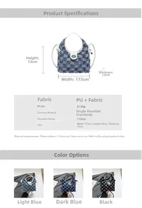 Detailed view of quilted denim bucket bag with dimensions and specifications