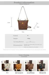 Detailed size chart and specifications for the versatile PU leather bucket bag with dimensions