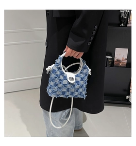 Close-up of blue and white plaid bucket bag with fringe trim and silver twist lock detail