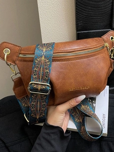 Borsa a Tracolla Vintage in Pelle PU Donna Bohémien Etnica Tracolla Larga Borsa da Petto Moda Stampa Lettere Cerniera Borsa a Spalla