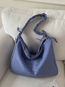 Retro Plaid Large Capacity Crossbody Bag For Women Ruffled Strap Fabric Tote Bag Literary Slacker Style Shoulder Bag Daily Student Handbag
