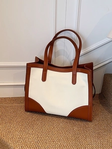 Grand sac cabas en toile avec garniture en cuir contrasté et poignée pour femme
