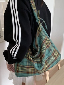 Vintage plaid large canvas tote bag with knot strap detail for casual daily commuting