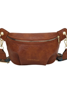 Borsa a tracolla retrò in pelle marrone con ampia tracolla etnica stampata per donna