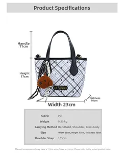 Size chart for bucket bag showing width 23cm, height 17cm and 105cm shoulder strap