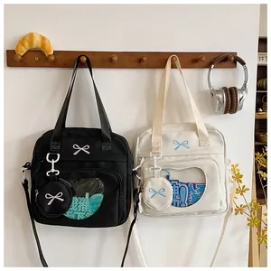 Detail of Korean style tote bag featuring transparent window and cute ribbon embroidery
