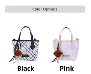 Detailed comparison of black and pink plaid bucket bags with plush bear charms