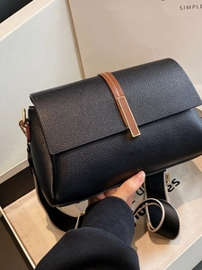 Women Litchi Pattern PU Leather Small Square Crossbody Bag With Wide Strap Gold Hardware Flip Lock Shoulder Bag Fashion