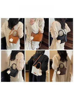 Detail shots of retro bucket bag with plush alpaca charm on a model in warm indoor setting