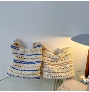 Close-up of woven bucket bags showing textured hollow crochet pattern and interior lining