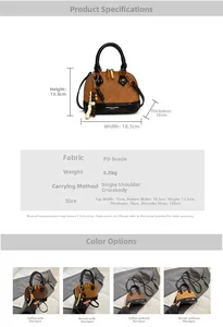 Detailed view of vintage PU suede shell bag with dimensions and beaded pendant details