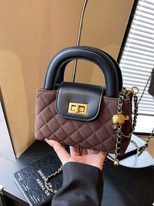 Vintage Quilted Rhombic Chain Crossbody Bag For Women Suede PU Leather Small Square Handbag With Metal Ball Strap Adjustment