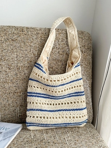Women Woven Cotton Tote Bag Bohemian Striped Hollow Out Shoulder Bag Large Capacity Vacation Beach Handbag Casual Shopping Bag