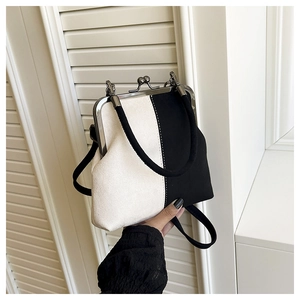 Detail of vintage bicolor suede shell bag with classic metal doctor frame closure