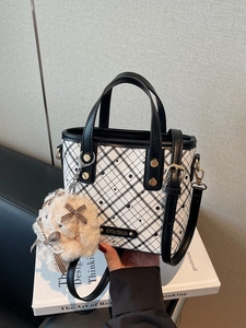 Trendy Color Block Checkerboard PU Leather Bucket Bag For Women Fashion Versatile Crossbody Handbag With Plush Rabbit Pendant