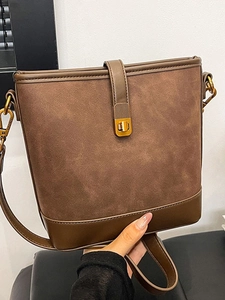 Retro PU Leather Splicing Bucket Bag For Women Fashion Crossbody Shoulder Bag With Metal Lock Large Capacity Handbag