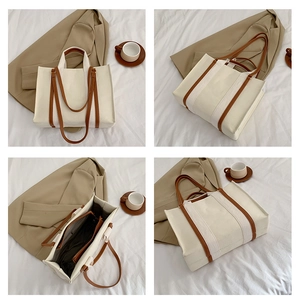 Quatre vues d'un grand sac cabas en toile beige avec des anses en cuir marron et zip
