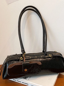 Women's Retro PU Leather Baguette Bag Large Capacity Glossy Crinkled Shoulder Underarm Bag With Detachable Mini Pouch For Casual Commuting