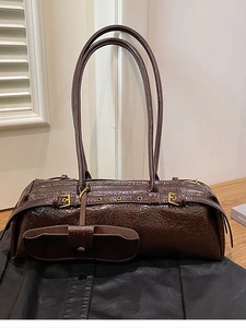 Retro brown glossy leather boston shoulder bag with metallic buckle and twin straps