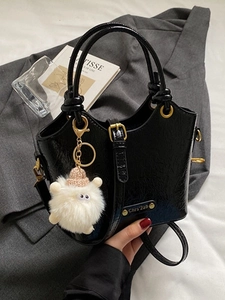 Women Retro PU Leather Bucket Bag Crinkled Glossy Texture Crossbody Handbag With Plush Doll Charm Fashion Daily Shoulder Bag