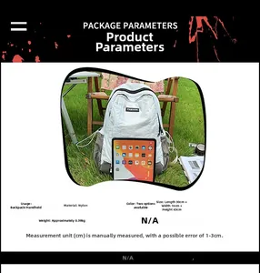 Detailed view of the nylon backpack with outdoor lawn scene and specific size specifications