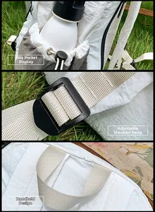 Detail of white wrinkled nylon backpack showing side pocket, adjustable straps and handle