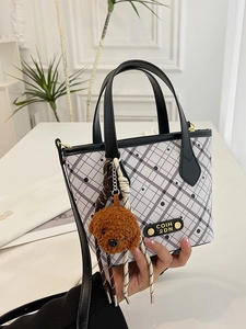Women's Vintage Plaid Polka Dot Bucket Bag Stylish PU Leather Shoulder Crossbody Bag With Plush Teddy Bear Charm