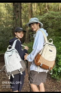 Outdoor leisure backpacks in dual-tone colors shown by hikers in a natural forest setting