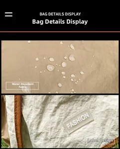 Close-up of waterproof beige nylon fabric with water droplets and fashion brand label